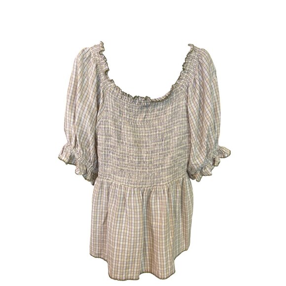 Old Navy Womens Smocked Peasant Top XL Beige Plaid Ruffled Sleeves Y2K Boho - Picture 2 of 5
